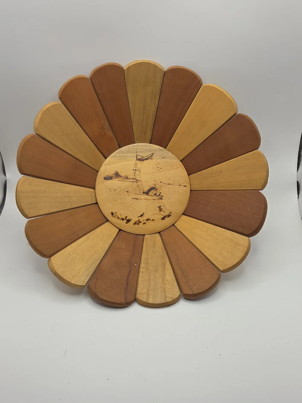 Wooden Fruit Bowl Handmade In Chile Fishing Boat Scene